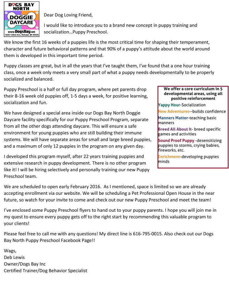 puppy preschool pet professional letter copy - Dogs Bay